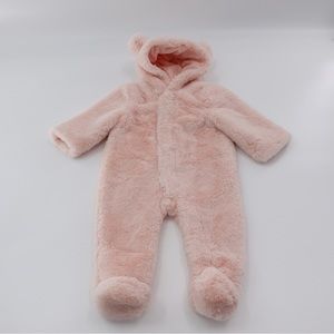 NWOT Janie and Jack Size 0-3 Mo Pink Faux Fur Hooded One Piece Ears Lined Snaps